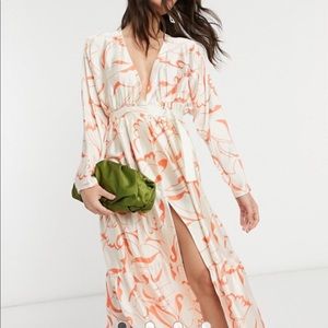 ASOS satin wrap tiered maxi dress in abstract